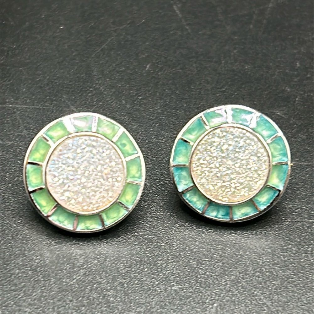 925 UTC Sterling Silver Druzy Stone Enamel Border Button Earrings